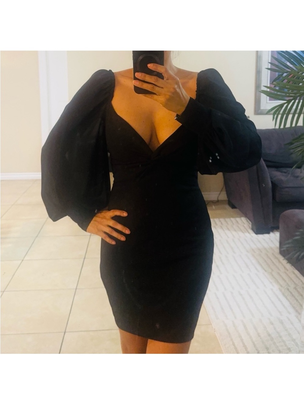 Badgley Mischka Black Puff-Sleeve V-Neck Mini Dress
